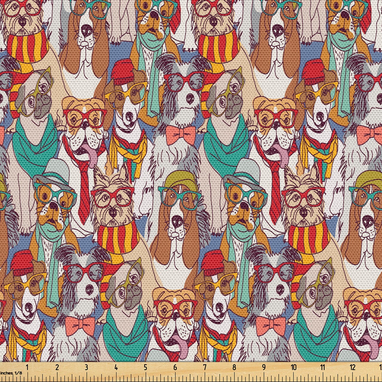 Ambesonne Dog Fabric by The Yard, Hipster Bulldog Schnauzer Pug Breeds Glasses Hats Scarf Pattern Colorful Cartoon, Decorative Fabric for Upholstery and Home Accents, 10 Yards, Teal Brown